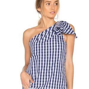 NWOT Milly Cindy Navy and White One Shoulder Tie Accent Blouse, Large $250 D5